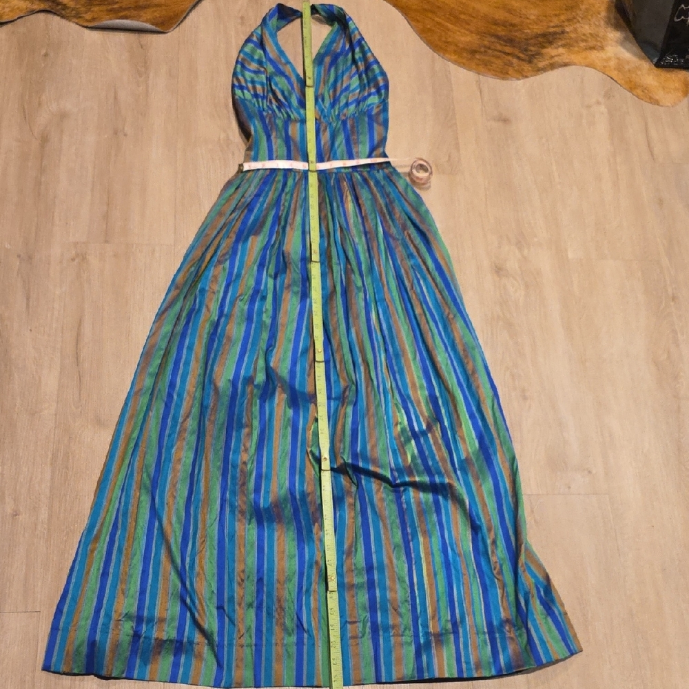 Elegant Blue and Green Striped Backless Dress